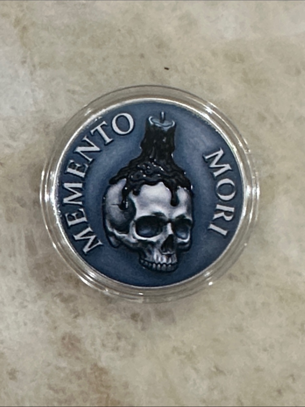 Memento Mori Skull Coin Medal - Blue and Silver